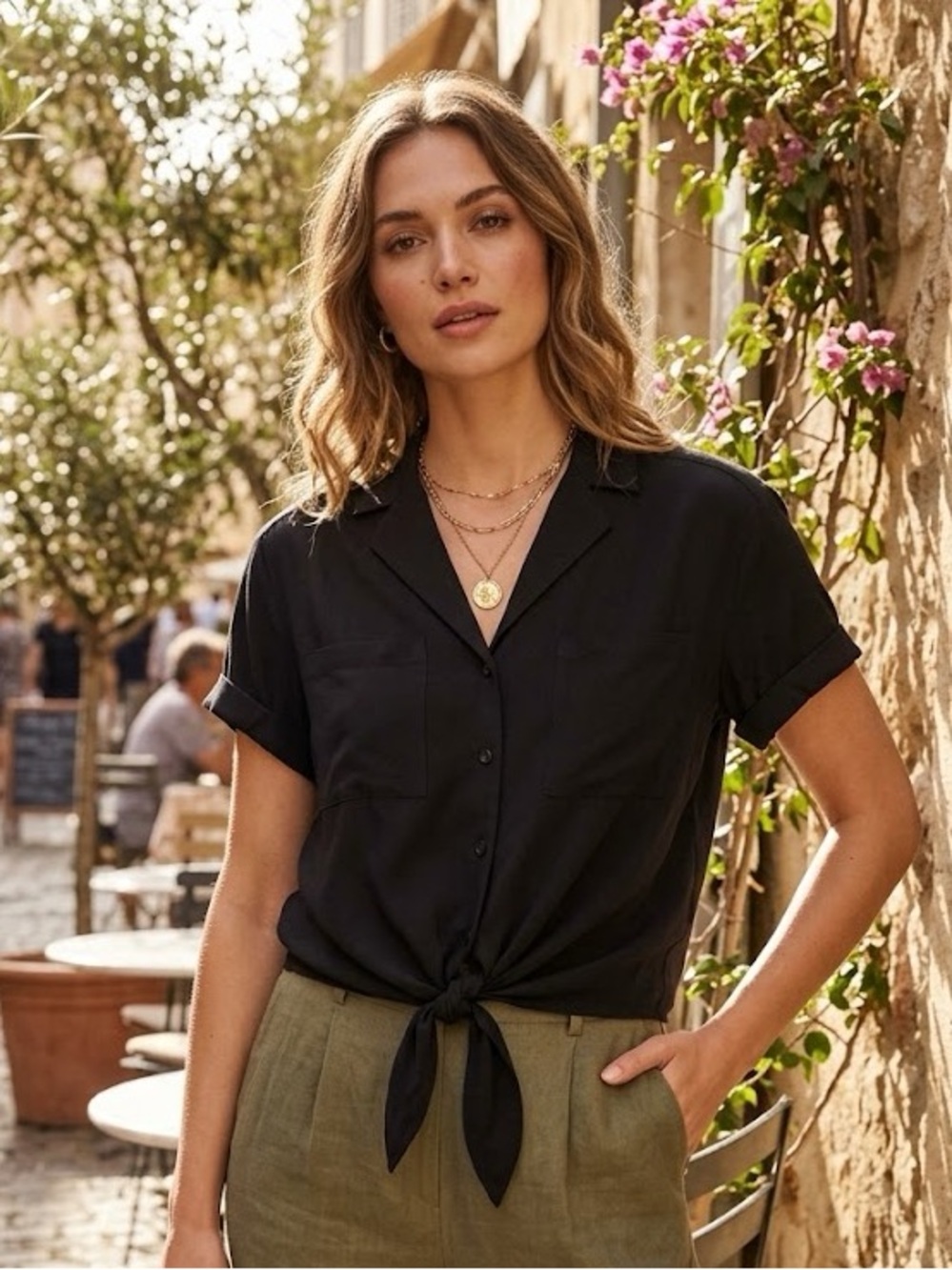 H Halston Black Tie Front Short Sleeve Shirt Blouse XS Oversized fit